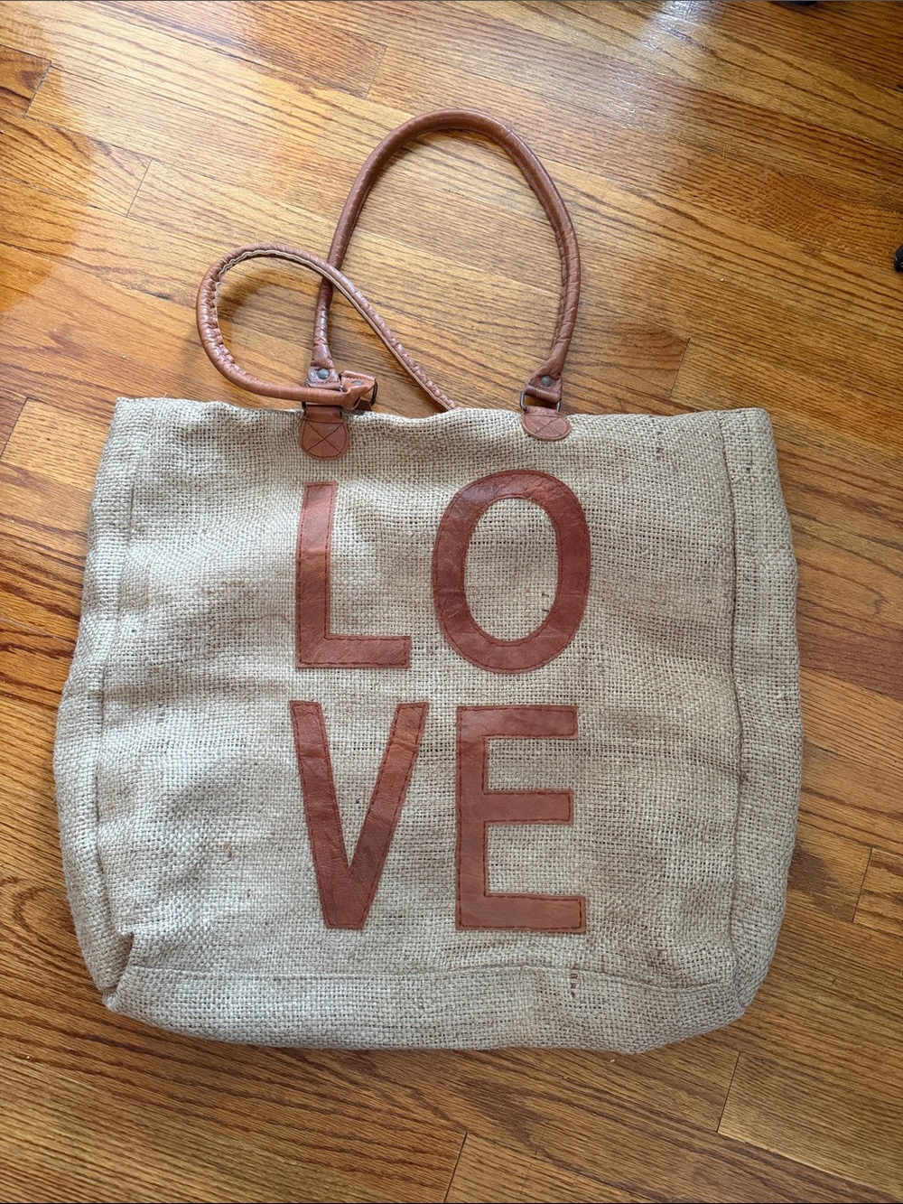 LOVE Jute Tote Bag with Brown Leather Handles